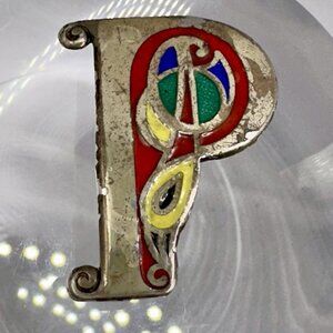 Tara Ware Letter P Brooch Enamel Initial Dublin Ireland Sterling Silver 1979